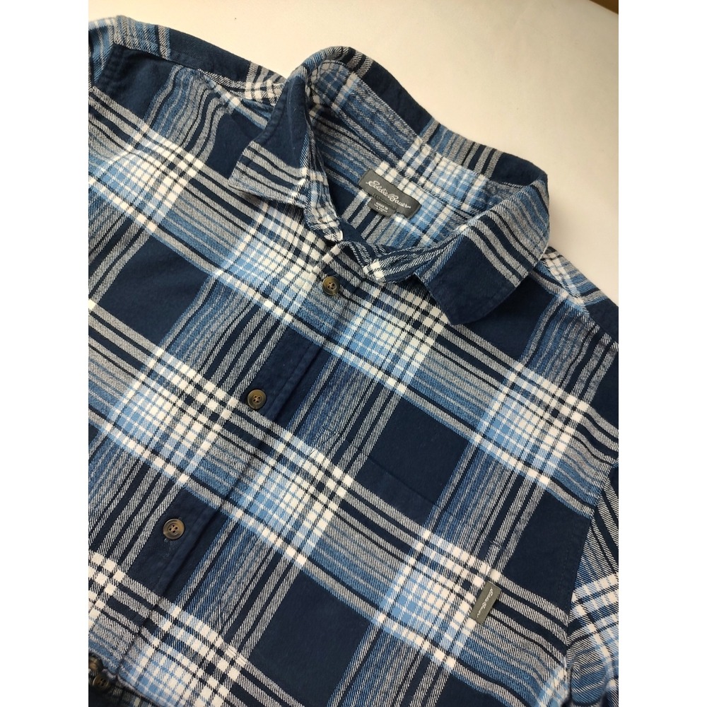 Eddie Bauer Mens Large Blue White Plaid Flannel Button Down Shirt Cotton 2708